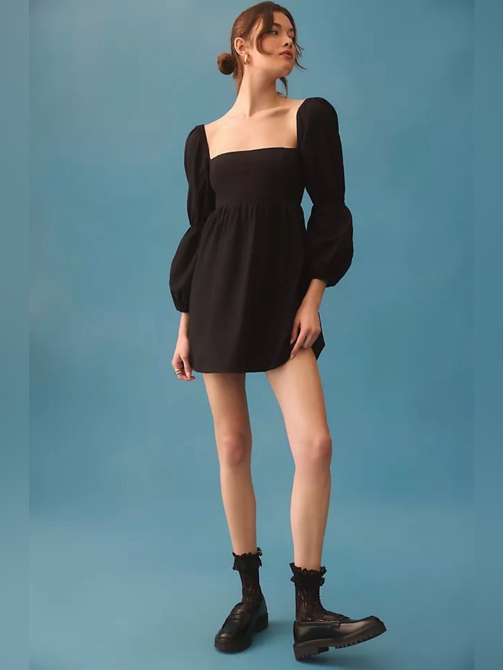 Reformation Michaela Mini Dress Black Organic Cotton Puff Sleeve Babydoll Size 2